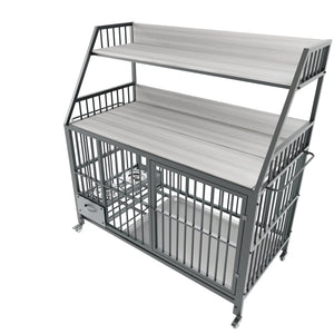 English Elm Large Pet Cage with Iron Frame Mdf Panels Storage Rack and Steel Feeding Basins Black,Gray+Charcoal W3064P245387