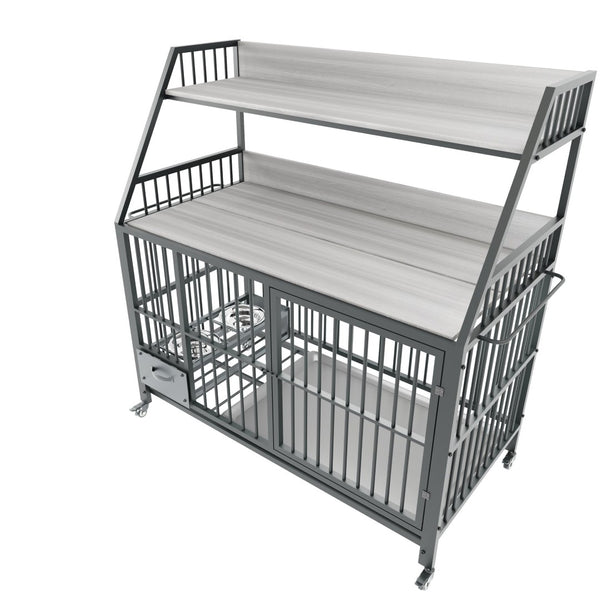 English Elm Large Pet Cage with Iron Frame Mdf Panels Storage Rack and Steel Feeding Basins Black,Gray+Charcoal W3064P245387