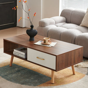 English Elm Rectangle Coffee Table With Solid Wood Legs & Sliding Drawer - Modern Walnut Design For Living Room W1265P236879-GIGA