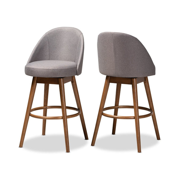 Baxton Studio Baxton Carra Set of 2 Mid-Century Modern Grey Swivel Bar Stools with Walnut Wood Finish BBT5355B-Grey/Walnut-BS