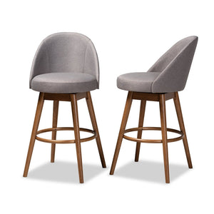 Baxton Studio Baxton Carra Set of 2 Mid-Century Modern Grey Swivel Bar Stools with Walnut Wood Finish BBT5355B-Grey/Walnut-BS