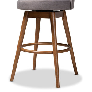 Baxton Studio Baxton Carra Set of 2 Mid-Century Modern Grey Swivel Bar Stools with Walnut Wood Finish BBT5355B-Grey/Walnut-BS