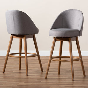 Baxton Studio Baxton Carra Set of 2 Mid-Century Modern Grey Swivel Bar Stools with Walnut Wood Finish BBT5355B-Grey/Walnut-BS