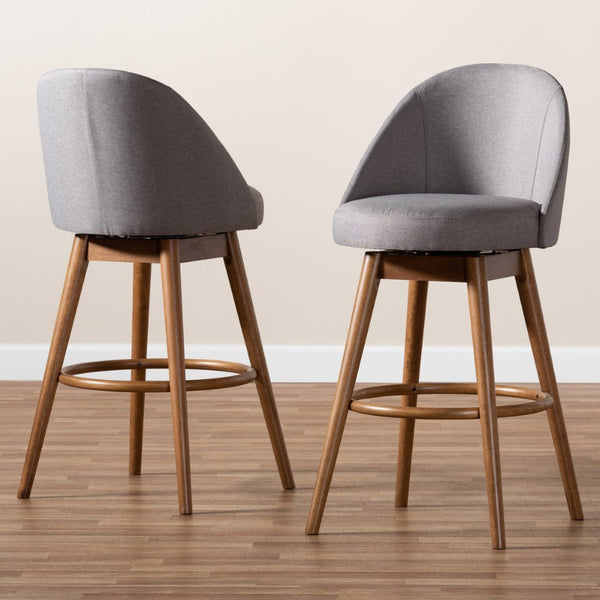 Baxton Studio Baxton Carra Set of 2 Mid-Century Modern Grey Swivel Bar Stools with Walnut Wood Finish BBT5355B-Grey/Walnut-BS