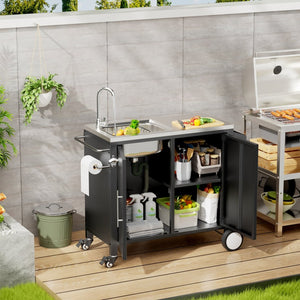 English Elm Outdoor Stainless Steel Grill Cart with Sink Cabinet Storage and Locking Wheels W3190P293812
