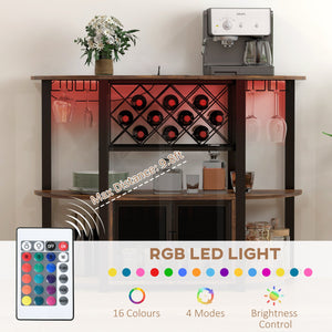 English Elm HOMCOM Industrial Wine Bar Cabinet with LED Lights, Charging Station, 10-Bottle Rack, Rustic Brown W2225P200789
