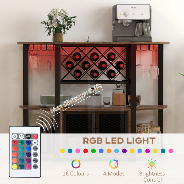 English Elm HOMCOM Industrial Wine Bar Cabinet with LED Lights, Charging Station, 10-Bottle Rack, Rustic Brown W2225P200789
