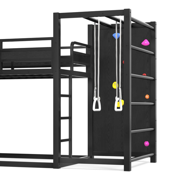 English Elm Twin Xl Metal Loft Bed with Climbing Wall Slide Basketball Hoop and Bookshelves W1580S00588