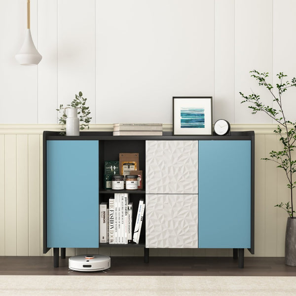 English Elm Sideboard Buffet Cabinet - Modern Black & Blue Storage Solution With Drawers For Dining & Kitchen Decor W409P176594-GIGA