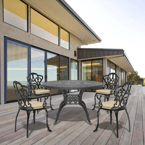 English Elm 5-Piece Cast Aluminum Patio Furniture Set With Off-White Cushions For Outdoor Dining & Relaxation W1710S00095