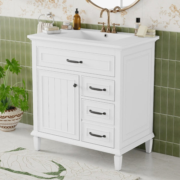 English Elm 30 Inch Freestanding Bathroom Vanity Solid Pine Cabinet Ceramic Sink Top Storage White N725P412782K