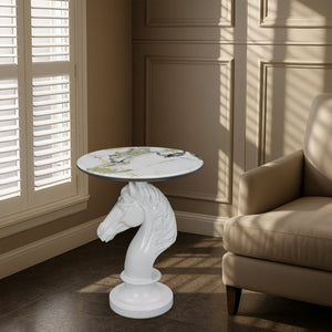 English Elm Horse Head Sculpted Resin End Table with Faux Marble Top for Bold Living Rooms White W5398P454678