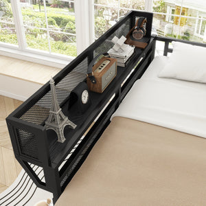 English Elm Queen Size Metal Loft Bed with Ladder and Built-In Storage Shelves, High Durable Black Frame, 400LB Capacity W2580P316650