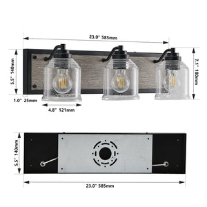 English Elm 23" Farmhouse Vanity Light Fixture – 3-Light Industrial Wall Sconce with Clear Seeded Glass, Black Woodgrain Finish W2312P374826