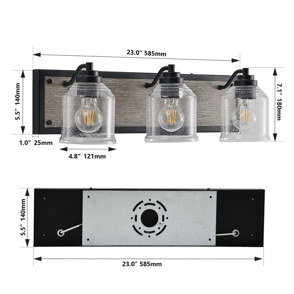 English Elm 23" Farmhouse Vanity Light Fixture – 3-Light Industrial Wall Sconce with Clear Seeded Glass, Black Woodgrain Finish W2312P374826