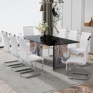 English Elm Table With Glass Top & 8 White Pu Chairs - Elegant Marble Pattern, Stainless Steel Legs, Easy Assembly W1151S02607-GIGA