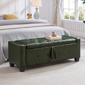 English Elm 48" Storage Ottoman Bench with Tufted Faux Leather Upholstery, Solid Wood Frame & 300lb Capacity Dark Green W1097P338777