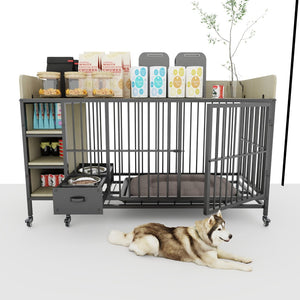English Elm Large Iron Mdf Pet Enclosure with Storage Cabinet Rolling Casters and Steel Feeding Basins W3064P245384