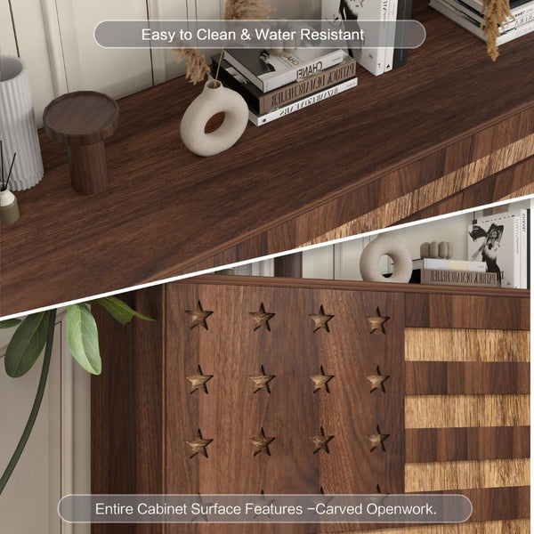 English Elm 55" Solid Walnut Buffet Sideboard Hand Carved Artisan Cabinet with Drawers and Doors W2977S00001