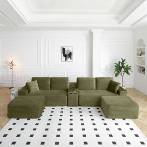 English Elm 125'' Modular L-shape Sectional Corduroy Cloud Couch with Storage and Usb Charging Green W1117S00421
