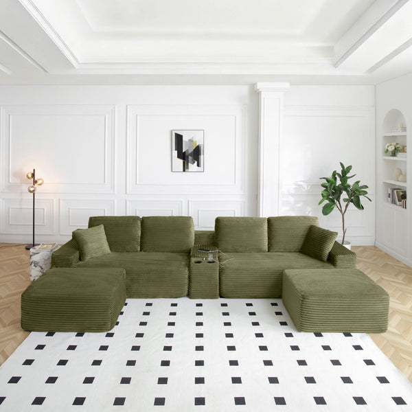 English Elm 125'' Modular L-shape Sectional Corduroy Cloud Couch with Storage and Usb Charging Green W1117S00421