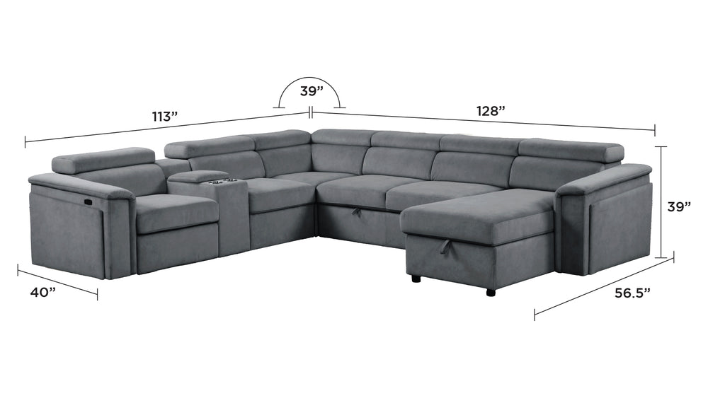 English Elm Harvey Modern power recliner sectional with sleeper, storage chaise, adjustable headrests & cupholders Gray B009S02144