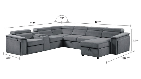 English Elm Harvey Modern power recliner sectional with sleeper, storage chaise, adjustable headrests & cupholders Gray B009S02144