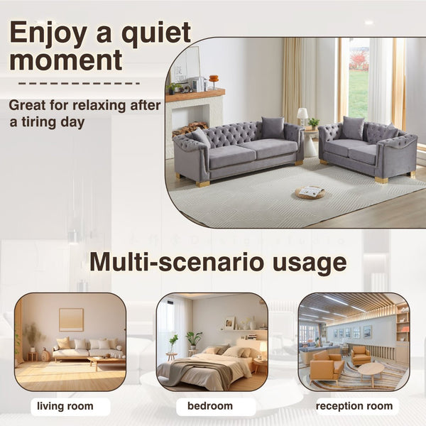 English Elm 3-seater and 2-seater Chesterfield Velvet Sofa Set with Tufted Back Gold Stud Trim Grey W1926S00106