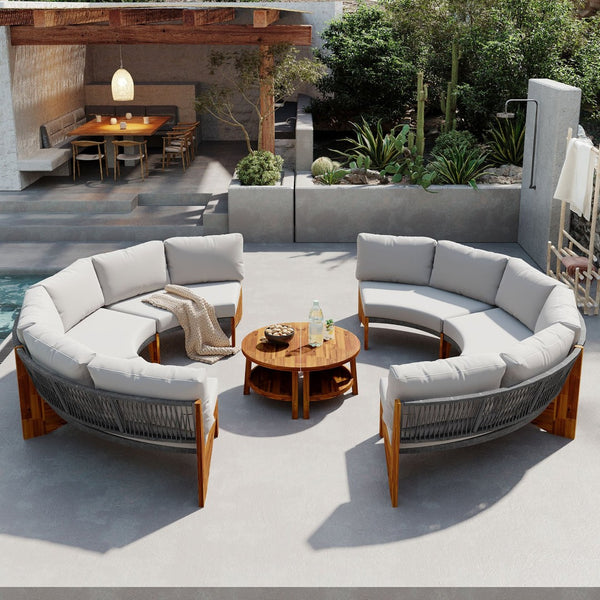 English Elm U_style Circular Patio Sofa Set Pp Rope Woven Steel Frame Acacia Wood Resort Lounge Grey WY000468AAE