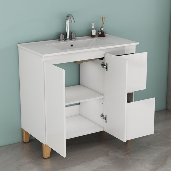 English Elm 36-inch Glossy White Bathroom Vanity with Ceramic Sink Soft Close Drawers Minimalist W3151S00074