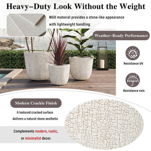 English Elm U_style Mgo Round Planters Set of Three Crackle Stone Texture Patio Garden Pots Beige N711P406660A