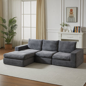 English Elm 99-Inch L-Shaped Corduroy Sectional Sofa With Chaise, Neck Pillows, And No Assembly Needed, Grey W834S00491