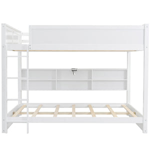 English Elm Queen Over Bunk Bed Solid Pine Cabin Frame with Storage and Usb Charging White GX000399AAK