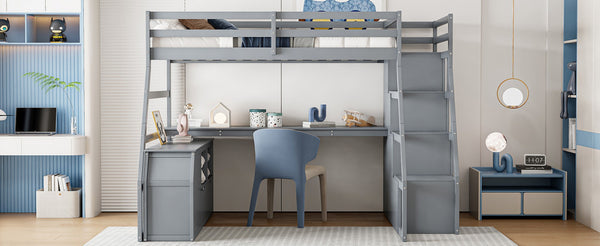 English Elm Full Size Kids Loft Bed with Integrated Desk Seven Drawers and Open Shelving Gray LT000649AAE-3