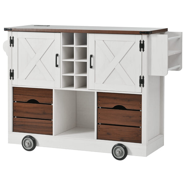 English Elm K&K 54" Farmhouse Kitchen Island Cart with Drop Leaf, Wine Rack, Power Outlet and Rolling Storage White N707P349814W