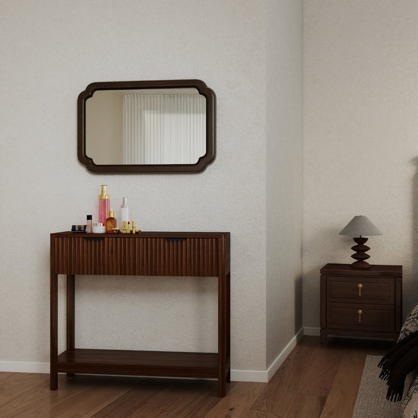 English Elm Mid-century Modern Console Table Fluted Drawers Walnut Finish Slim Entryway Sofa W2557P430472