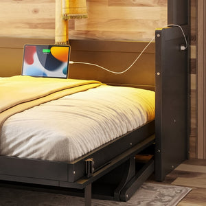 English Elm Queen Murphy Bed with Fold Down Desk Led Lighting and Usb Port for Home Office Dark Gray W1580S00457