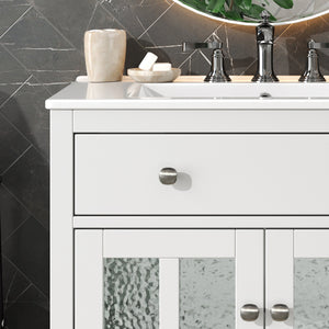 English Elm Christopher Knight Home® - 30" Bathroom Vanity with Ceramic Sink, Solid Wood Legs, Adjustable Shelf, Tip-Out Tray, Soft-Close Hinges, Silver Knobs, Moisture-Resistant Finish White N817P286250W