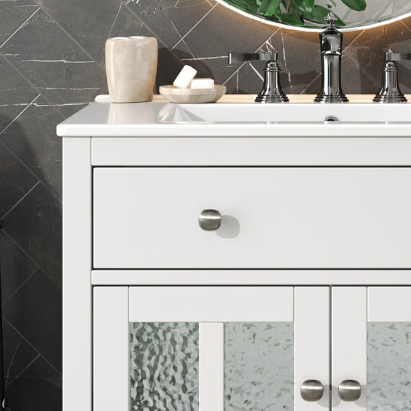 English Elm Christopher Knight Home® - 30" Bathroom Vanity with Ceramic Sink, Solid Wood Legs, Adjustable Shelf, Tip-Out Tray, Soft-Close Hinges, Silver Knobs, Moisture-Resistant Finish White N817P286250W