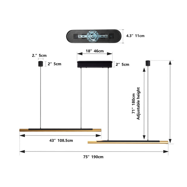 English Elm 75-inch Matte Black Gold Linear Led Pendant Dimmable Fixture for Dining or Kitchen W1340P264190