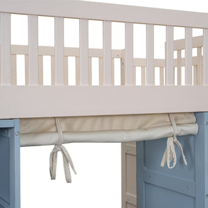 English Elm Full Size Loft Bed With Stylish Storage Cabinets, Privacy Curtain & Multi-Functional Design - White/Blue GX003006AAK