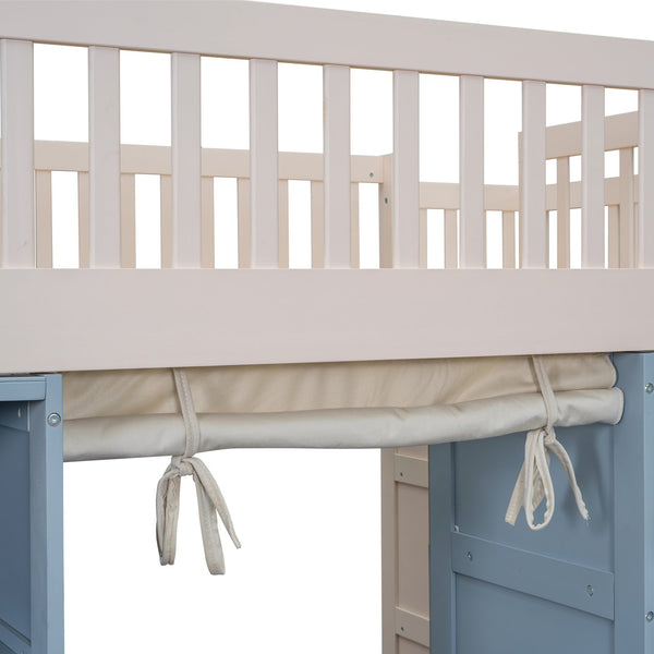 English Elm Full Size Loft Bed With Stylish Storage Cabinets, Privacy Curtain & Multi-Functional Design - White/Blue GX003006AAK