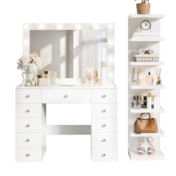 English Elm Vanity Desk Hollywood Led Mirror 11 Drawers 7 Tier Shelving White Glam Mdf N704G202309K
