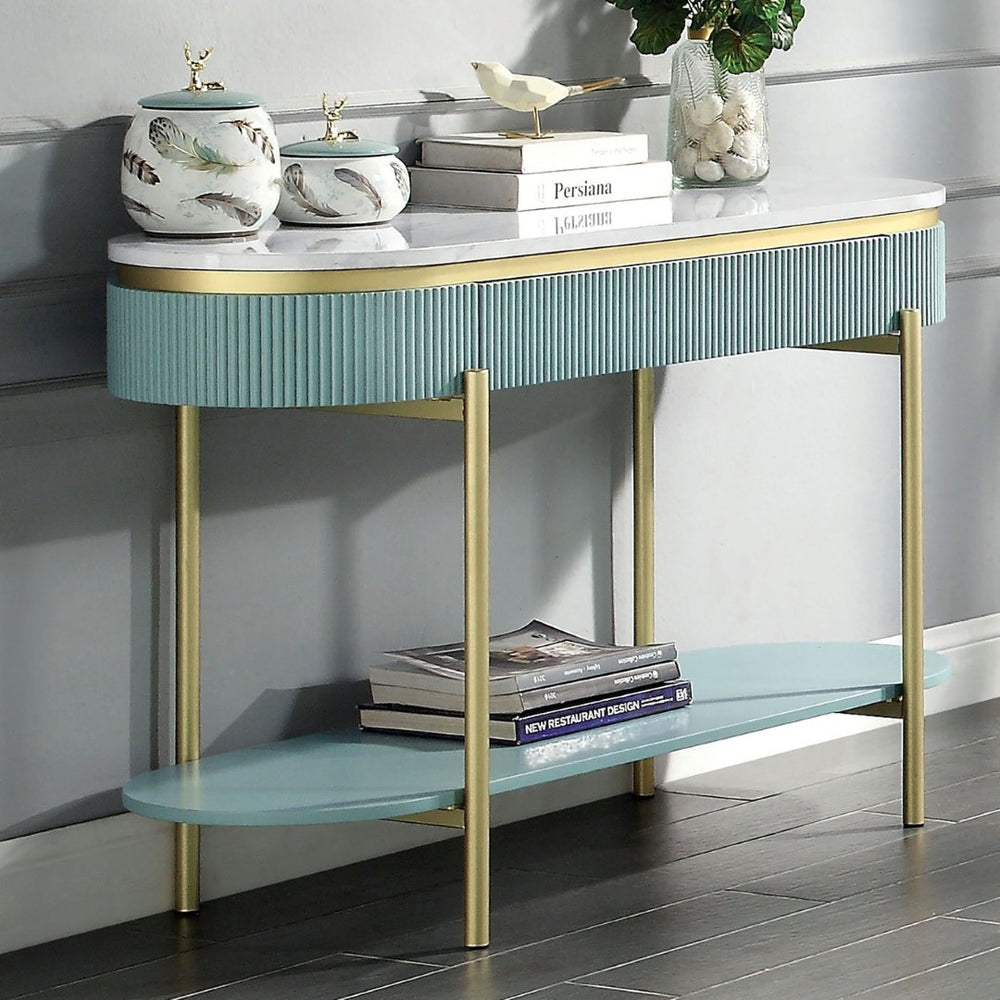 English Elm Glam Hollywood Regency Sofa Table Faux Marble Top Teal Reeded Panels Gold Frame B011P184959