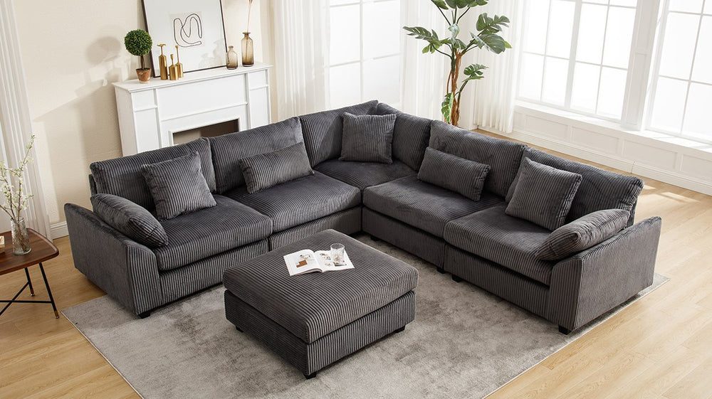 English Elm L L shape Sofa Set Ottoman Corduroy Fabric Sectional Modern Classic Design Oversized Comfort Gray W2325P186972