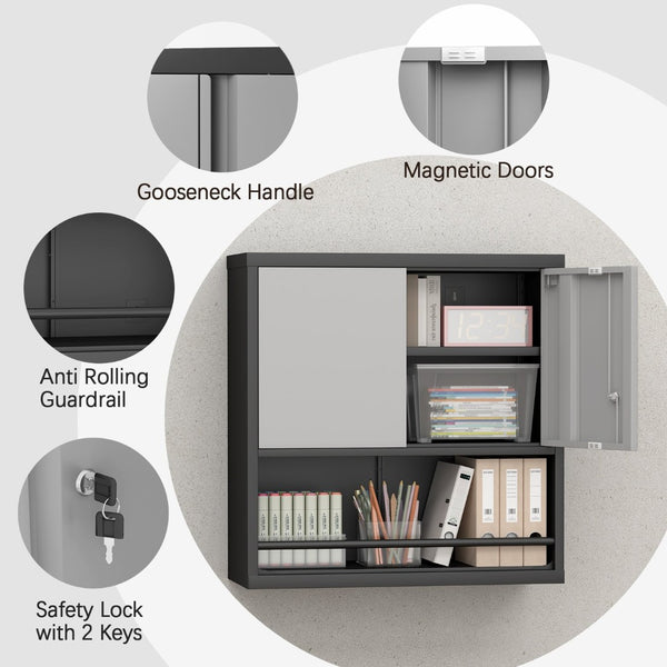 English Elm Metal Wall Mounted Steel Cabinet Lockable Doors Adjustable Shelves Kitchen Office Storage Black+Grey T3625P366860