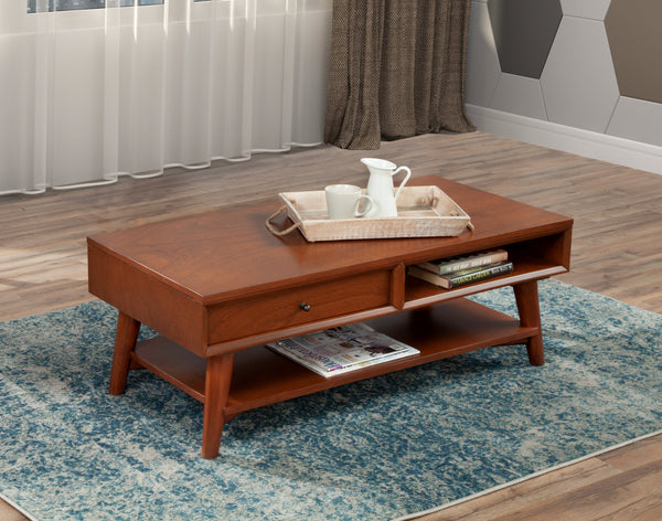 Alpine Furniture Flynn Mid-Century Coffee Table In Chestnut Acorn Finish With Felt-Lined Drawer & Open Shelf Storage 966-61