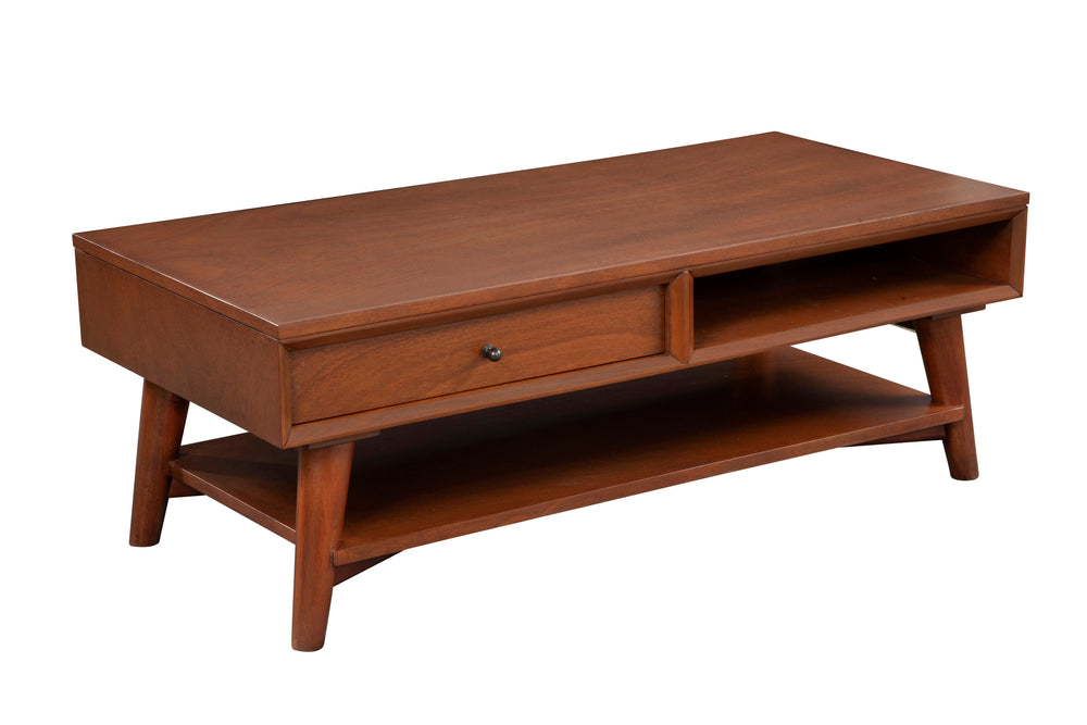 Alpine Furniture Flynn Mid-Century Coffee Table In Chestnut Acorn Finish With Felt-Lined Drawer & Open Shelf Storage 966-61