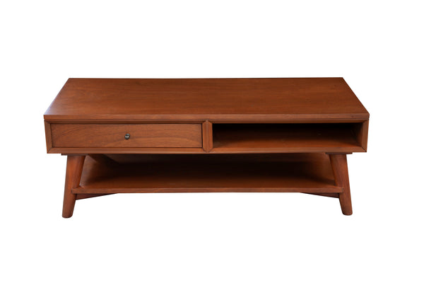 Alpine Furniture Flynn Mid-Century Coffee Table In Chestnut Acorn Finish With Felt-Lined Drawer & Open Shelf Storage 966-61