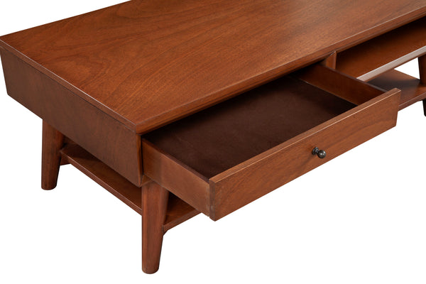 Alpine Furniture Flynn Mid-Century Coffee Table In Chestnut Acorn Finish With Felt-Lined Drawer & Open Shelf Storage 966-61